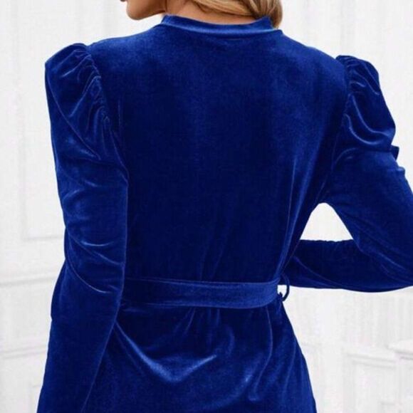 SHEIN blue turquoise velvet long sleeve puff shoulder belted short dress M NWOT - Picture 4 of 9